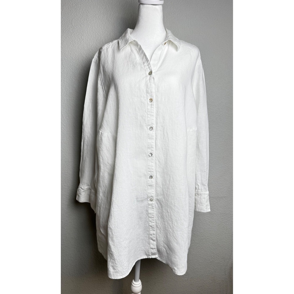 Foxcroft NYC White 100% Linen Button Down Tunic Shirt Pockets Womens 18